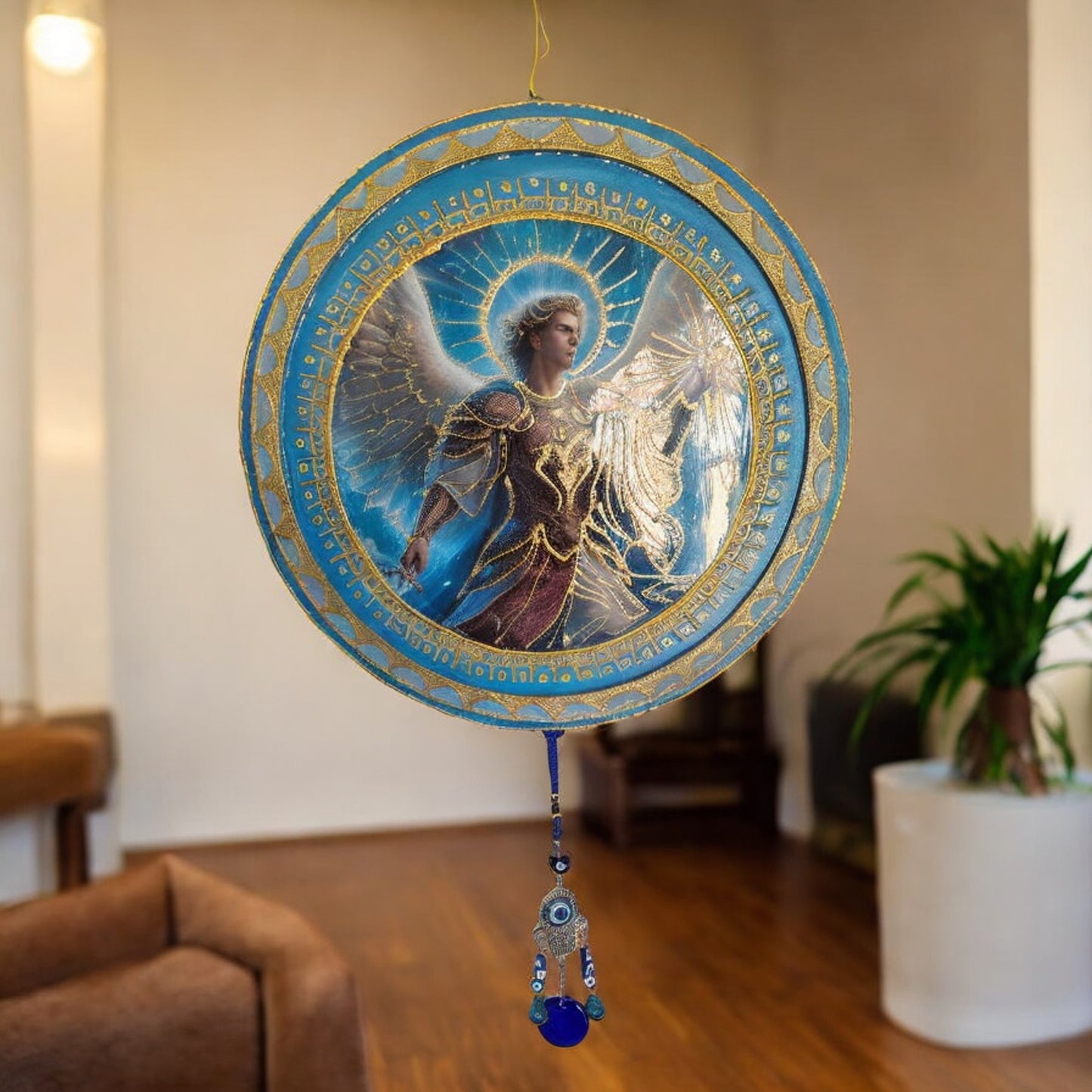 Mandala colgaante del Arcangel MIguel con mano de Fátima